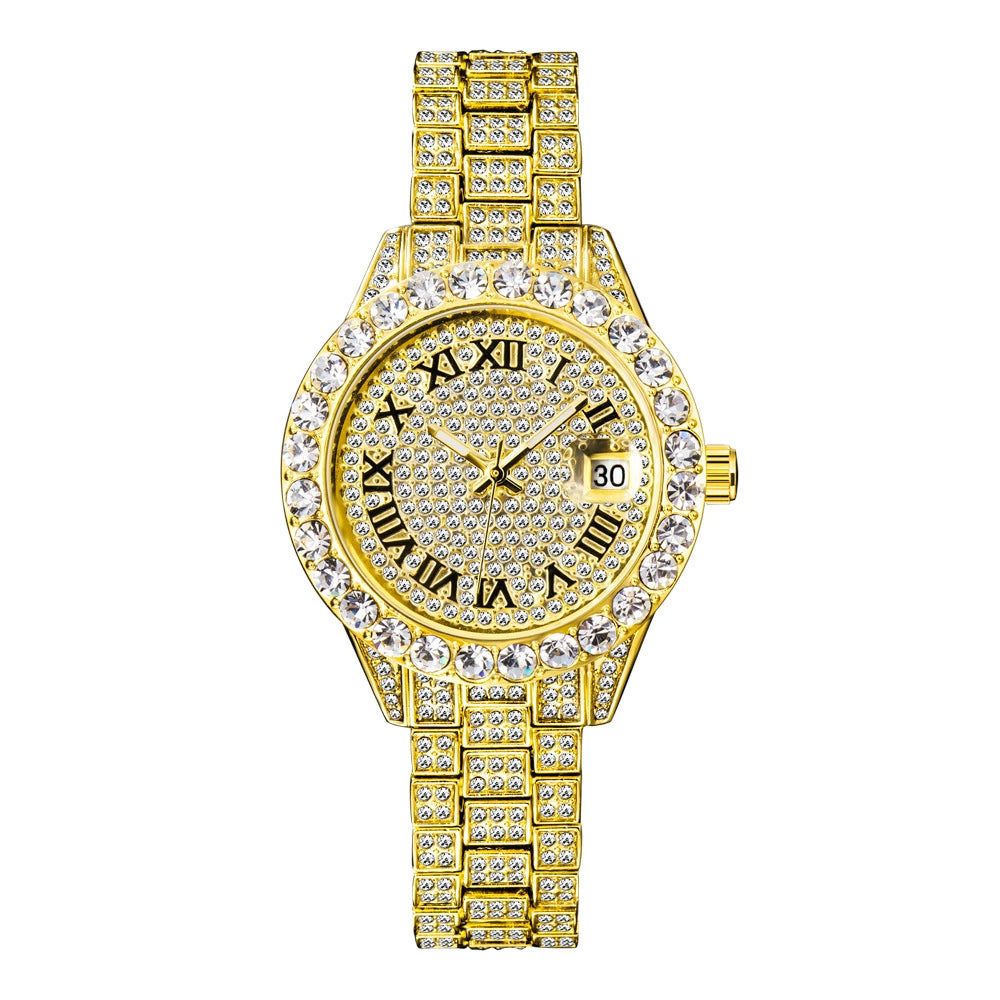 Iced Out Round Face Watch | Gold