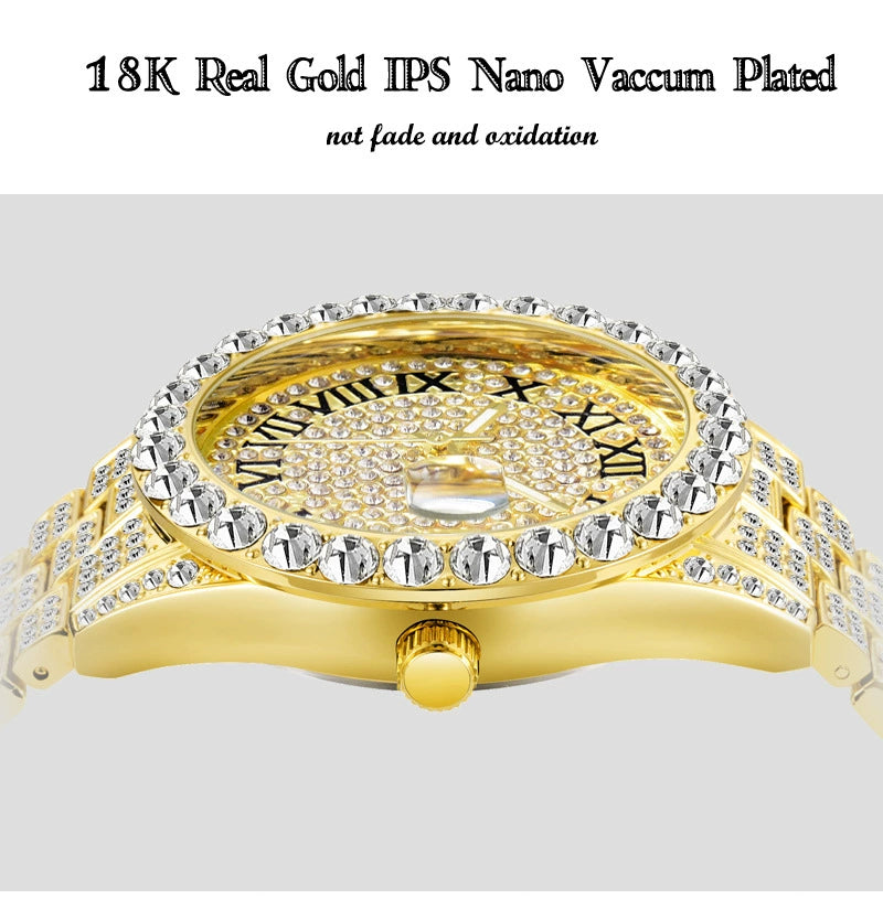 Iced Out Round Face Watch | Gold
