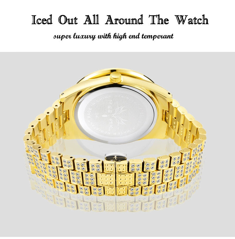 Iced Out Round Face Watch | Gold