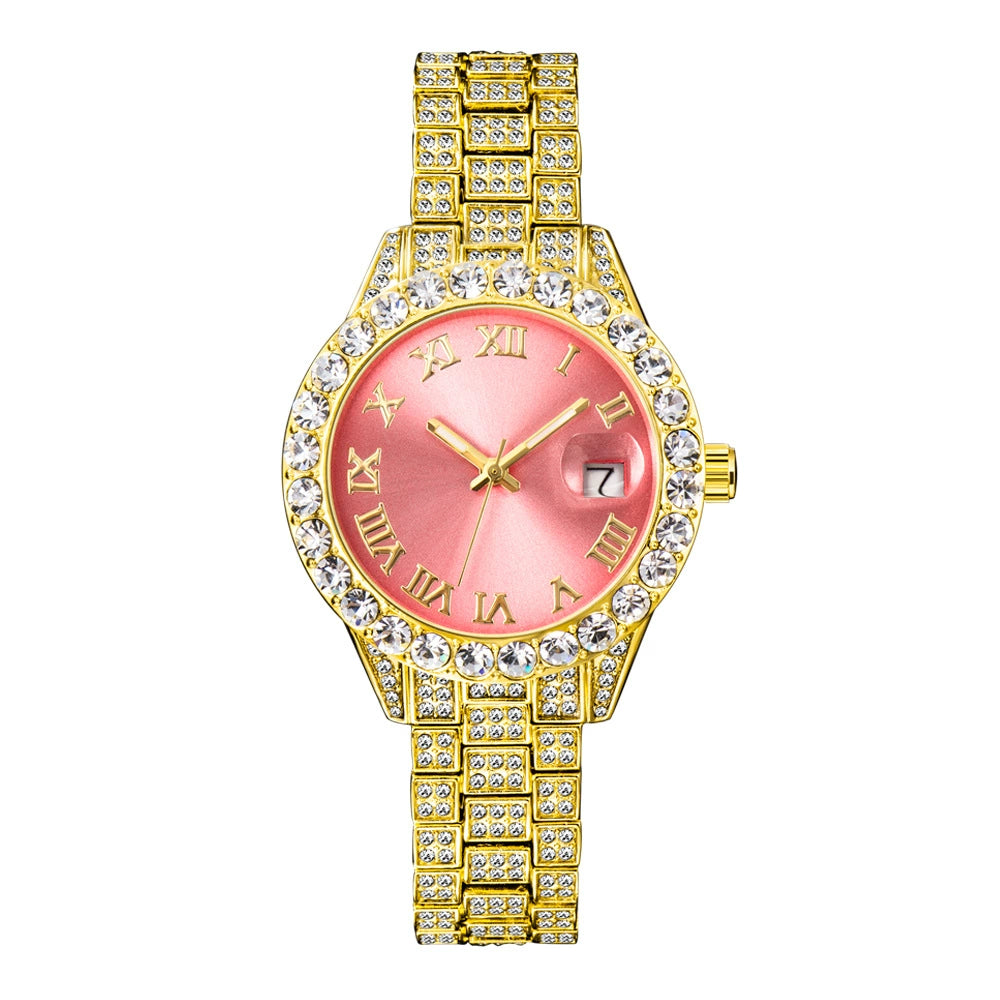 Iced Out Round Face Watch | Gold