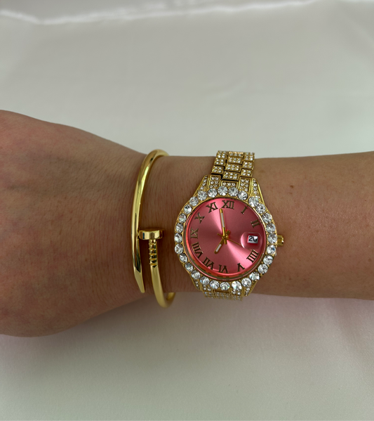 Iced Out Round Face Watch | Gold